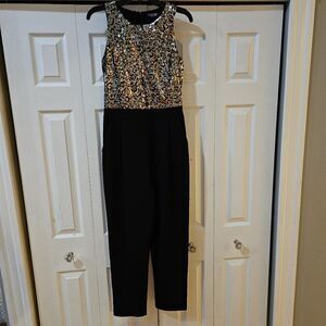 Magari Women's Gold Black Sequin Detail Leopard Pattern Jumpsuit Size Medium